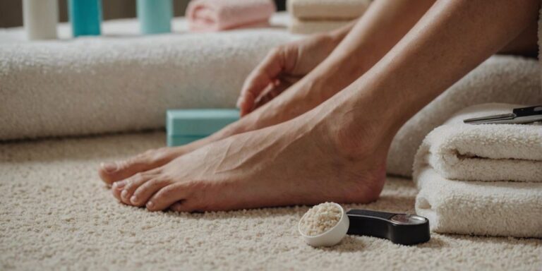 Well-groomed feet on a towel with foot care products like lotion, pumice stone, and nail clippers around them.