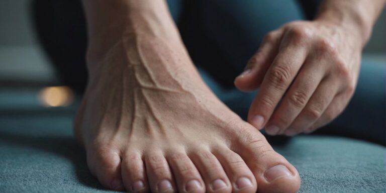 Close-up of feet showing common foot problems like bunions, blisters, and calluses, set against a soothing background.