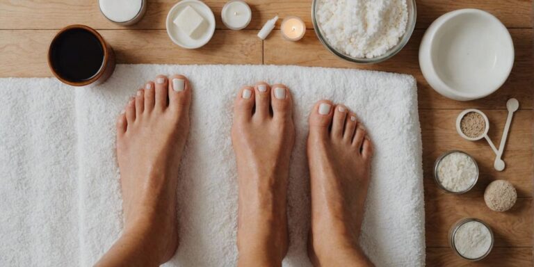 Well-groomed feet on a white towel with spa items like pumice stone, nail file, and lotion on a wooden surface.