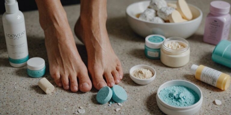 Close-up of cracked heels with foot care products like creams, lotions, and pumice stones around them.