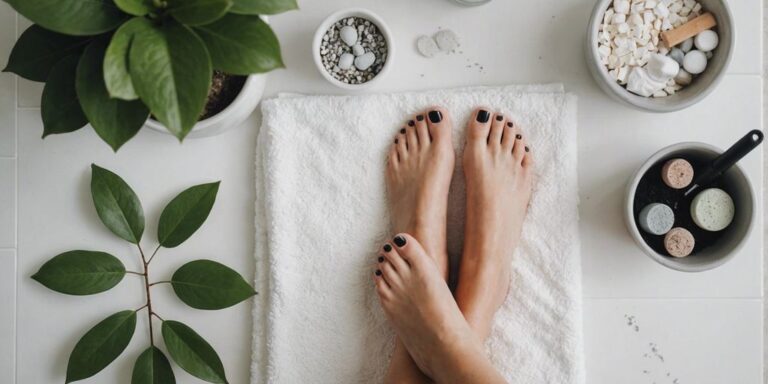Top-down view of perfectly pedicured feet on a white towel, surrounded by pedicure tools in a minimalist bathroom setting.