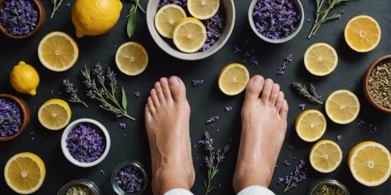 Person enjoying a DIY foot soak with natural ingredients like lemon, lavender, and essential oils around the bowl.