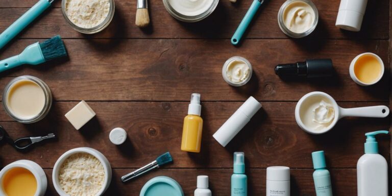 Assorted foot care products including creams, lotions, and tools, arranged on a wooden surface for a comprehensive foot care routine.