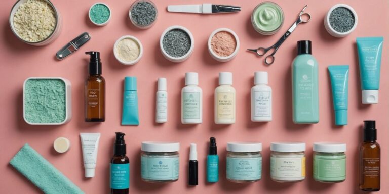 Flat lay of foot care essentials like creams, pumice stones, nail clippers, and moisturizers on a pastel background.