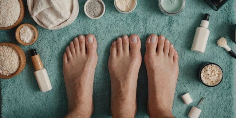 Clean, well-groomed feet on a towel with foot care products like lotion, pumice stone, and nail clippers around them.